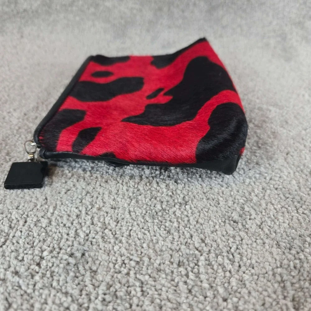 SB Pouch Red Black Cow Print Calf Hair Leather Cosmetic Bag Womens Small Size